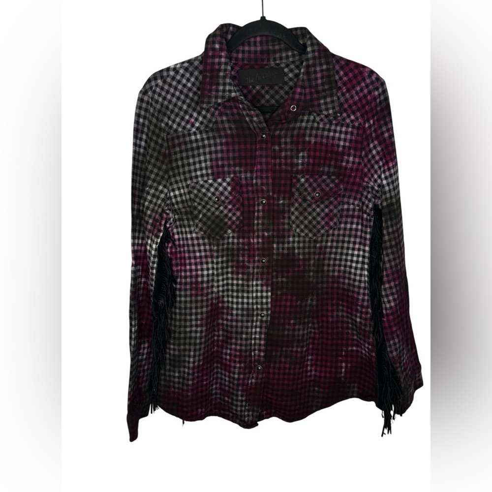 The Nu Vintage Women’s Medium Dyed Black & White Check Pearl Snap Shirt Fringe